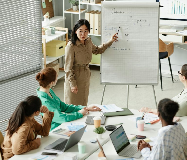 Businesswoman presenting report at business training